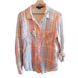Sanctuary Gauzy Pastel Plaid Button Up Shirt Size Medium